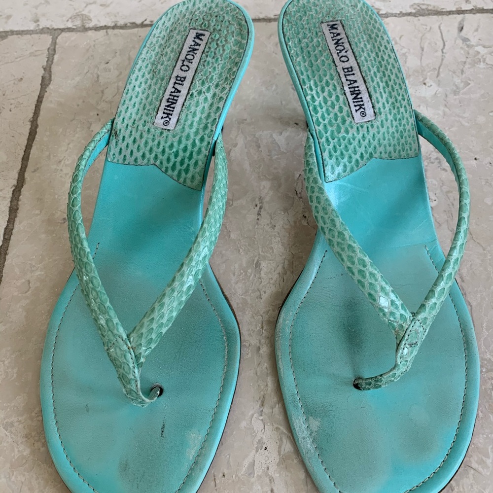 Manolo blank kitten heels 37 7 sandal turquoise